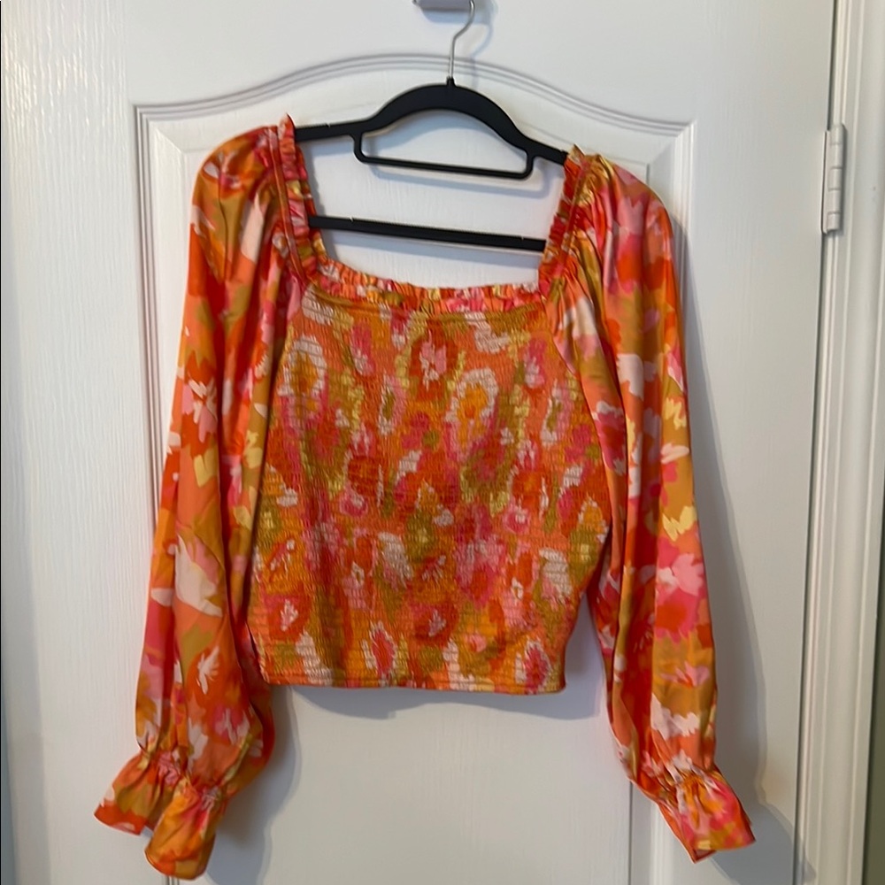 Pink Lily Orange Puff Sleeve Crop Blouse